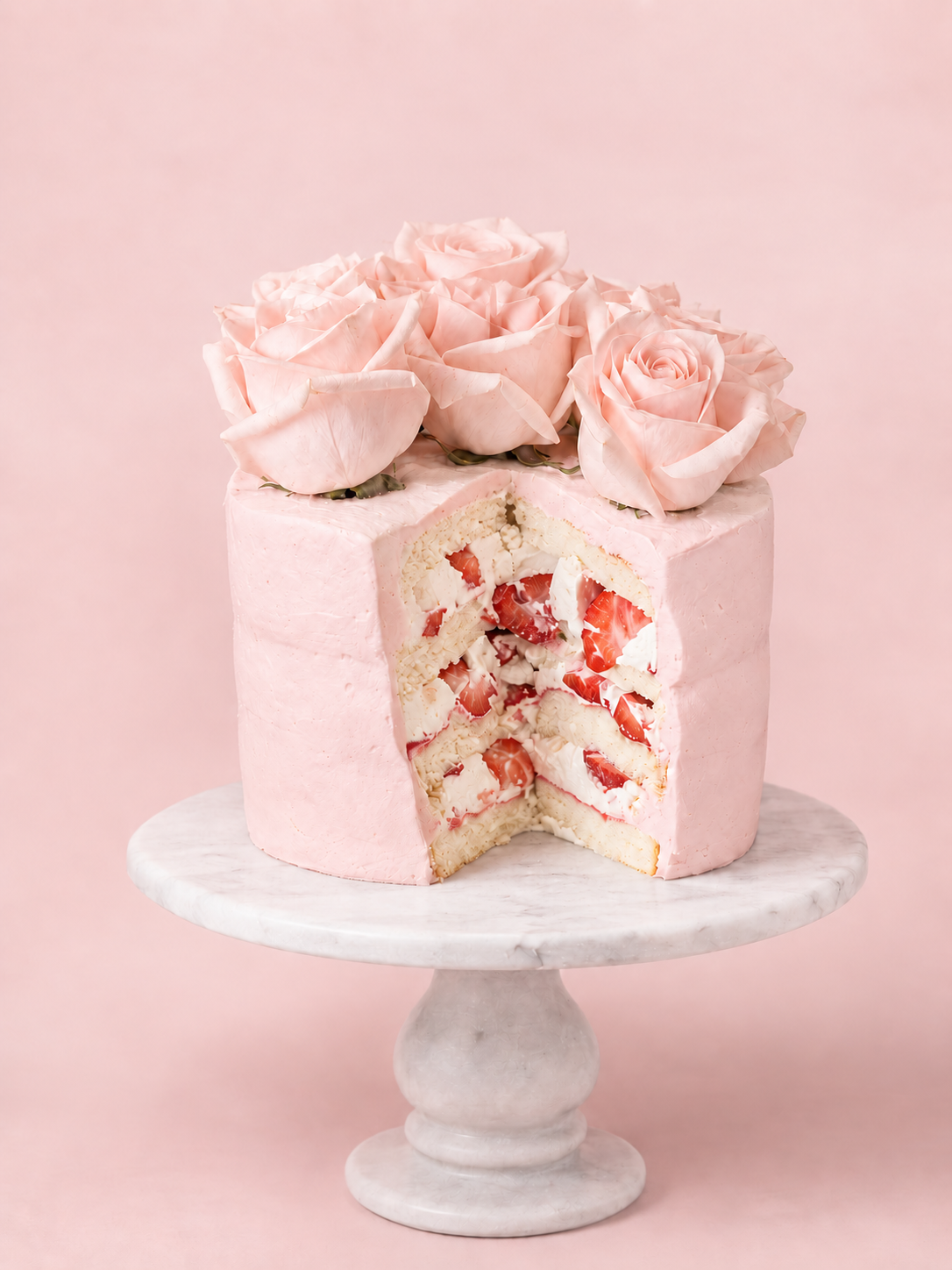 The Strawberry Cloud Cake with Fresh Roses - Ivory with Blush Roses