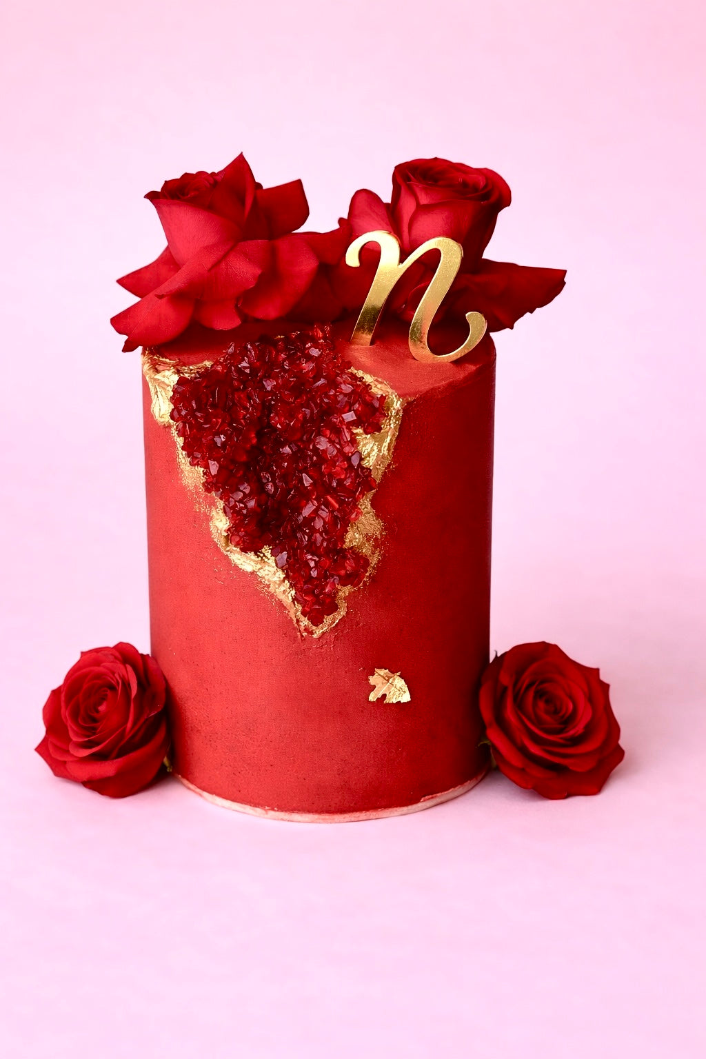 Ruby Red Crystal Cake with Fresh Red Roses - 6”
