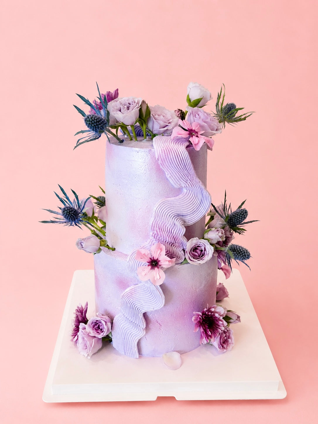 Custom 2-Tier Abstract Cake with Fresh Flowers