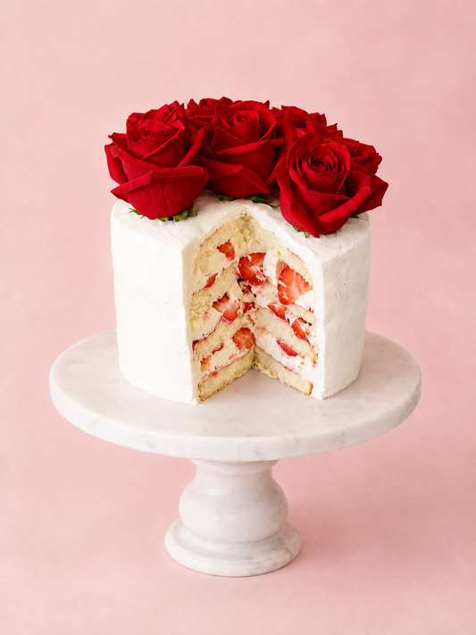 The Strawberry Cloud Cake with Fresh Roses - Ivory with Red Roses