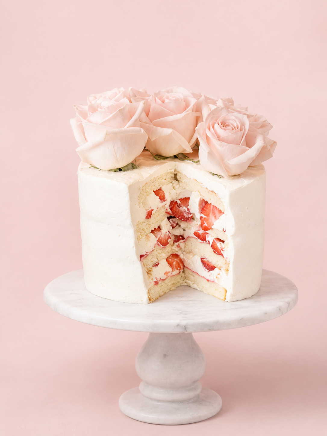 The Strawberry Cloud Cake with Fresh Roses - Ivory with Blush Roses