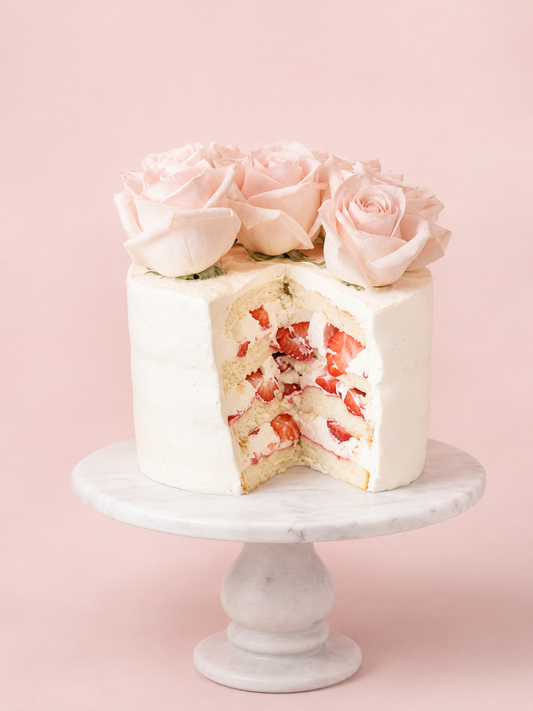 The Strawberry Cloud Cake with Fresh Roses - Ivory with Blush Roses